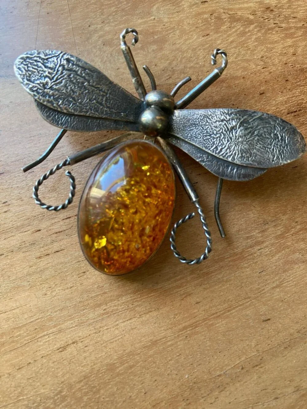ENORMOUS Victorian Sterling SIlver Amber Bumble Bee Bug Brooch Pendant - Picture 5 of 6